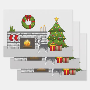 Blue Boston Terrier In A Festive Christmas Room Wrapping Paper Sheet
