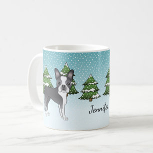 Blue Boston Terrier In A Winter Forest & Name Coffee Mug