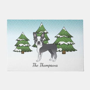 Blue Boston Terrier In A Winter Forest & Name Doormat
