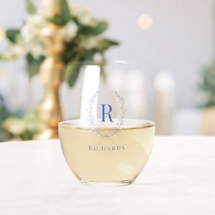 Blue Botaniacal & Ribbon Crest Monogram Name Stemless Wine Glass