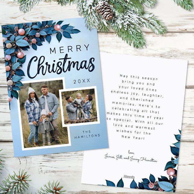 Blue Botanical 2 Photo Christmas Holiday Card (Blue Christmas Card)