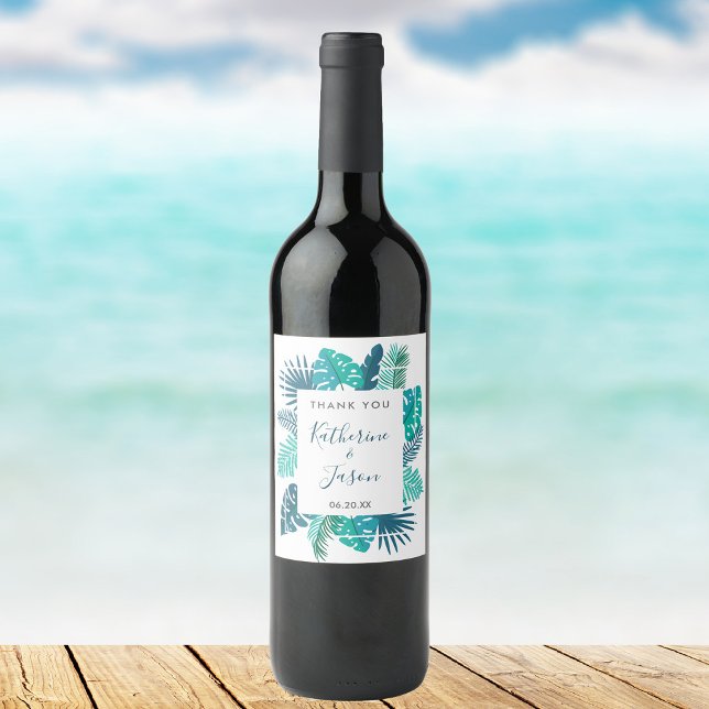 Blue Botanical Beach Palm Foliage Wedding Wine Label (Creator Uploaded)