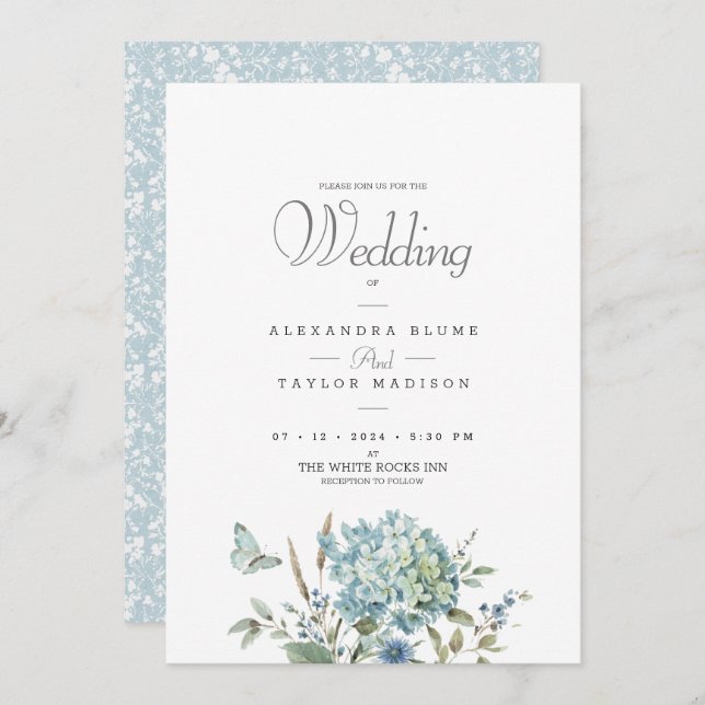 Blue Botanical Bohemian Watercolor Wedding Invitation (Front/Back)