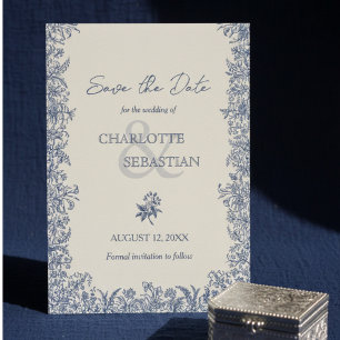 Blue botanical border vintage wedding  save the date