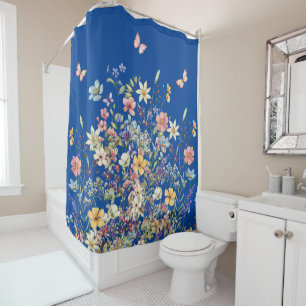 Blue Botanical Butterfly and Floral Shower Curtain