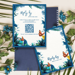 Blue Botanical Butterfly QR Code Wedding reply By RSVP Card