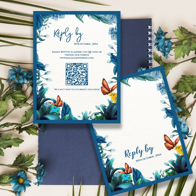 Blue Botanical Butterfly QR Code Wedding reply By RSVP Card (Blue Botanical Butterfly QR Code Wedding reply By RSVP Card)