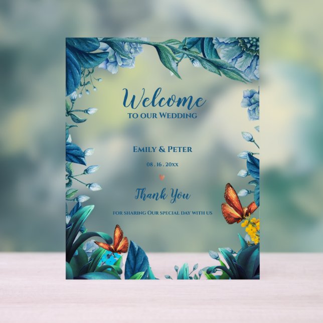 Blue Botanical Butterfly Welcome To Our Wedding Acrylic Sign (Neutral)