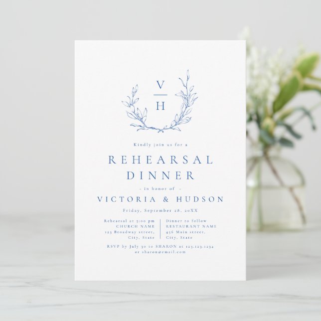 Blue botanical crest monogram rehearsal dinner invitation (Standing Front)