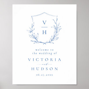 Blue botanical crest monogram wedding welcome sign
