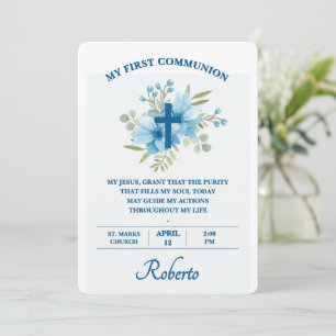 Blue Botanical Cross First Holy Communion Invitation