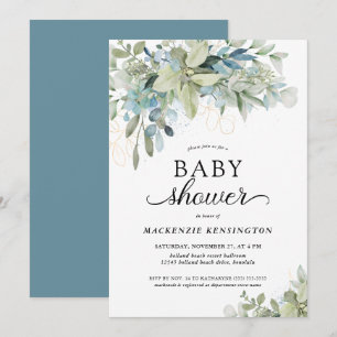 Blue Botanical Eucalyptus Baby Shower Invitation
