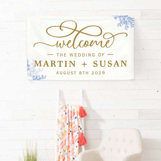 Blue Botanical Eucalyptus Leaves Wedding Party Banner (Insitu)
