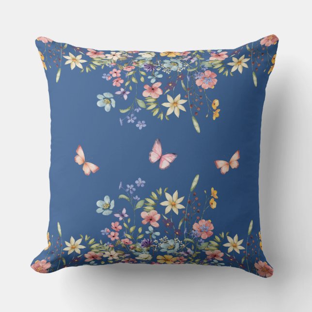 Blue Botanical Floral Cushion (Front)