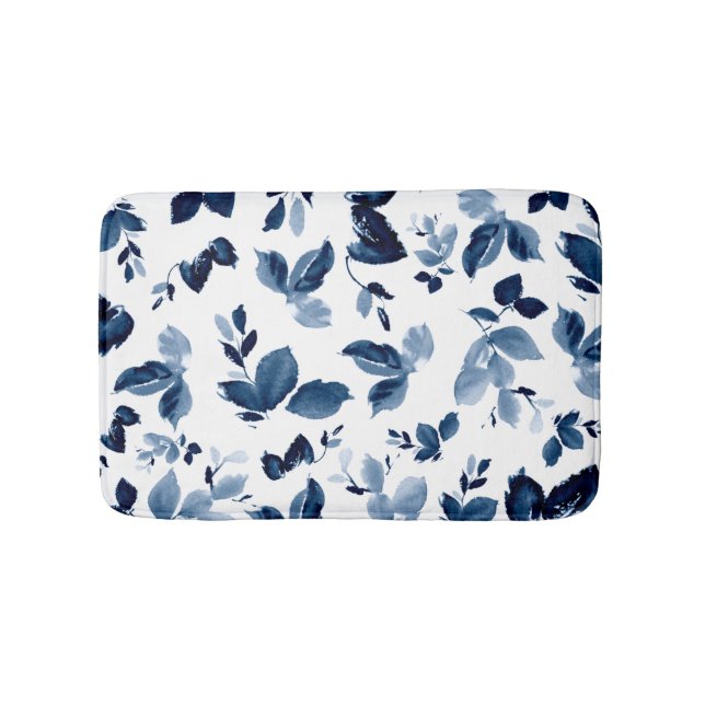 Blue Botanical Floral Pattern Bath Mat (Front)