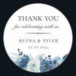 Blue Botanical Floral Wedding Favour Classic Round Sticker<br><div class="desc">Chic watercolor flowers and botanical branches in shades of dusty and navy blue,  personalised wedding favour sticker. Designed to match our Elegant Shades of Blue Watercolor Floral Collection. Customise text font style,  colour and size.</div>