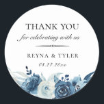 Blue Botanical Floral Wedding Favour Classic Round Sticker<br><div class="desc">Chic watercolor flowers and botanical branches in shades of dusty and navy blue,  personalised wedding favour sticker. Designed to match our Elegant Shades of Blue Watercolor Floral Collection. Customise text font style,  colour and size.</div>