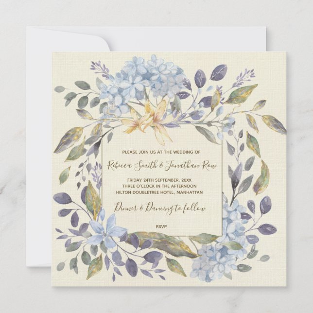 Blue botanical floral wedding invitation hydrangea (Front)