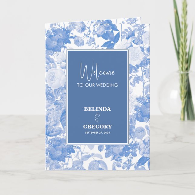 Blue Botanical Florals Wedding Order of Service Program (Front)