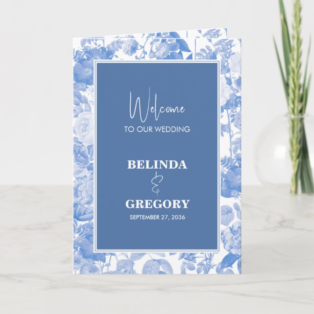 Blue Botanical Florals Wedding Order of Service Program (Front)