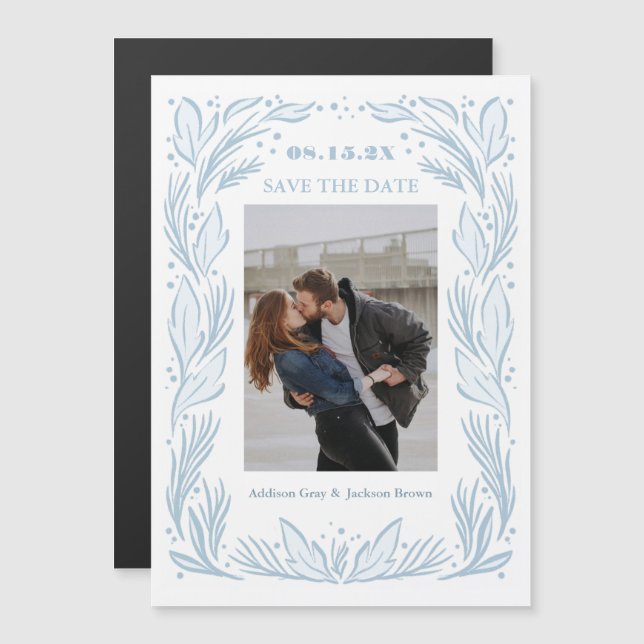 Blue Botanical Frame Save the Date Magnetic Invitation (Front/Back)