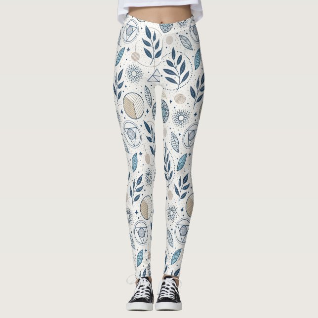 Blue Botanical Geometric Doodle Leggings (Front)