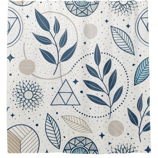 Blue Botanical Geometric Doodle Shower Curtain (Front)