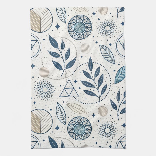 Blue Botanical Geometric Doodle Tea Towel (Vertical)