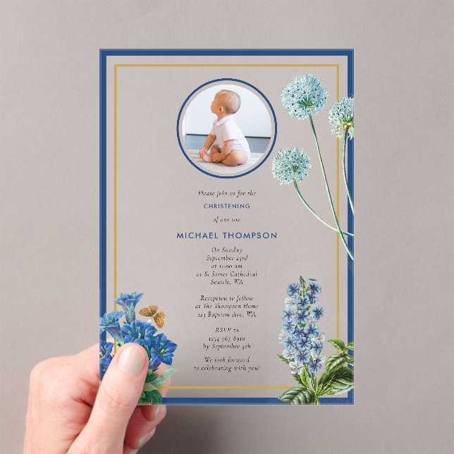 Blue Botanical Gold Baptism Christening Boy Photo Acrylic Invitations (Insitu (Handheld))