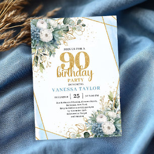Blue Botanical Gold Frame 90th Birthday Invite