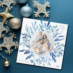 Blue Botanical Hanukkah Family Photo Square Holiday Card