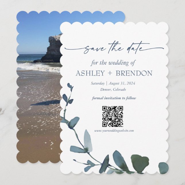 Blue Botanical Leaf Save the Date w/QR + Image Invitation (Front/Back)