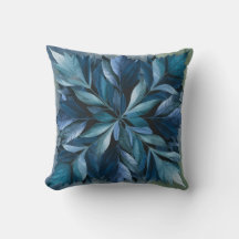 Blue Botanical Leaves Square Throw Pillow