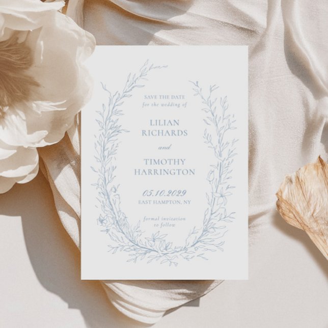 Blue Botanical Line Art Frame Wedding Save The Date (Creator Uploaded)