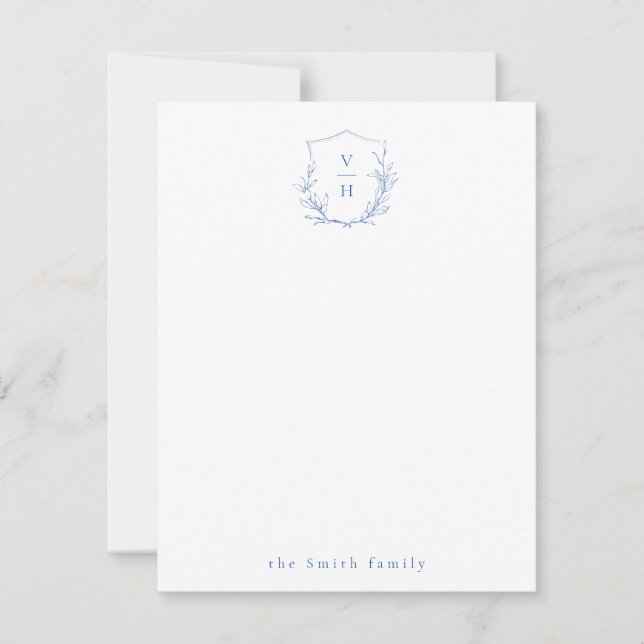 Blue botanical monogram personalised Stationery Card (Front)