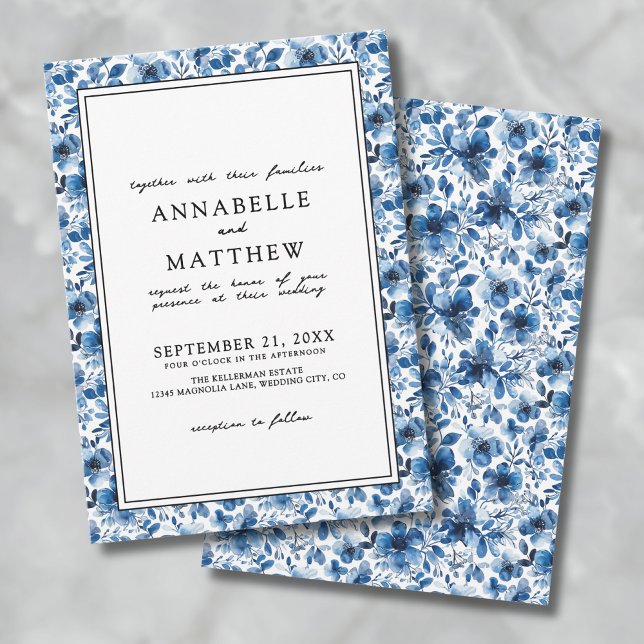 Blue Botanical Pattern Elegant Floral Wedding Invitation (Blue Botanical Pattern Elegant Floral Wedding Invitation)