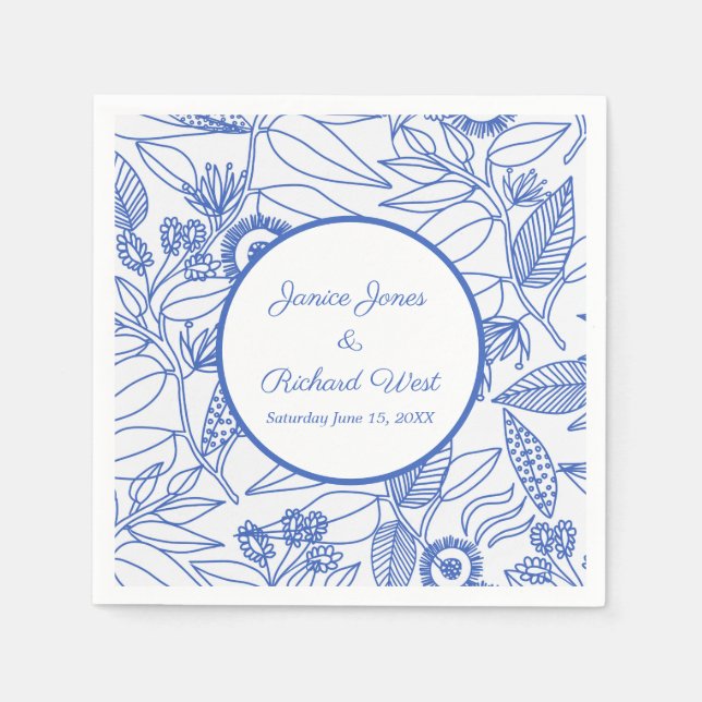 Blue Botanical Personalised Navy Frame Wedding Napkin (Front)