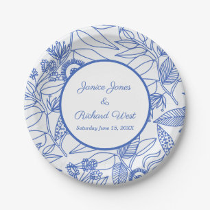 Blue Botanical Personalised Navy Frame Wedding Paper Plate