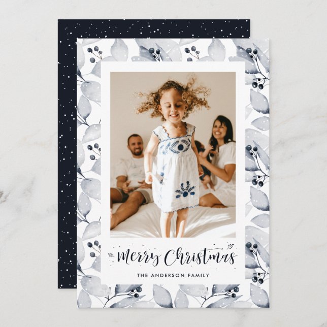 Blue Botanical Photo Merry Christmas Card (Front/Back)