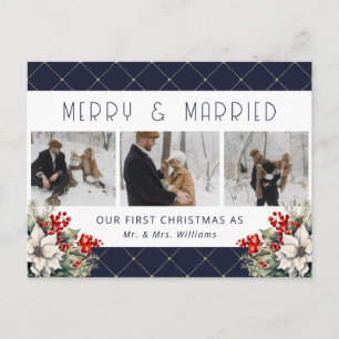 Blue Botanical Photo Newlywed Holiday Postcard