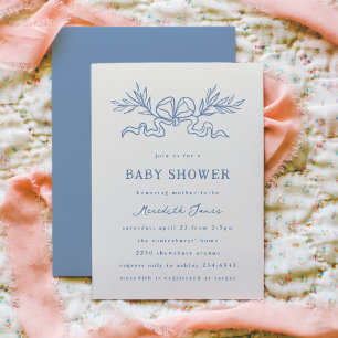Blue Botanical Ribbon Baby Shower Invitation