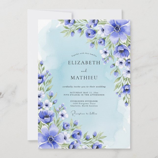 Blue Botanical Romance Wedding Invitation (Front)
