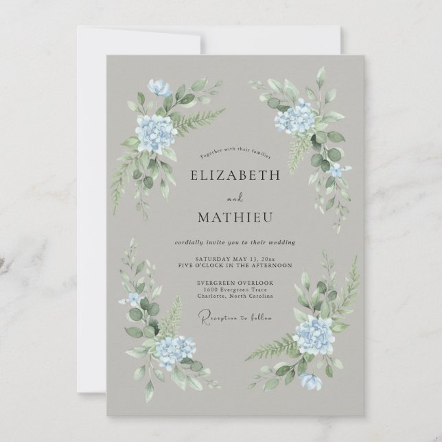 Blue Botanical Romantic Wedding Invitation (Front)