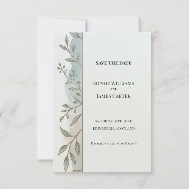 Blue Botanical Save The Date Card (Front)