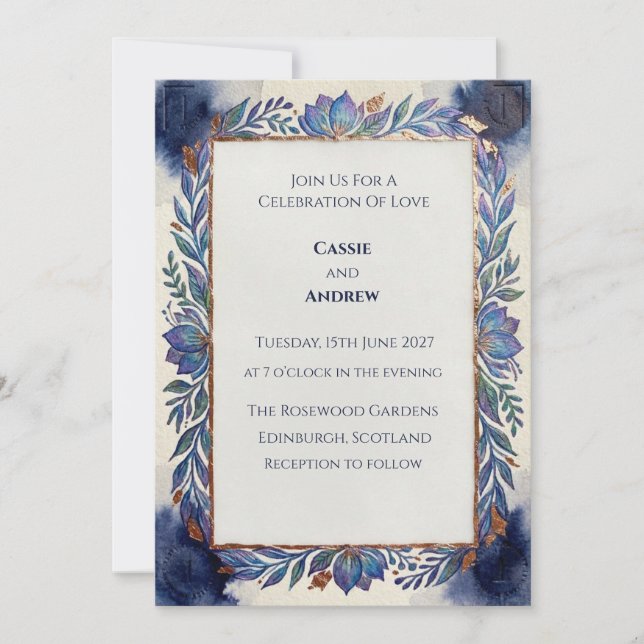 Blue Botanical Scottish Wedding Invitation (Front)