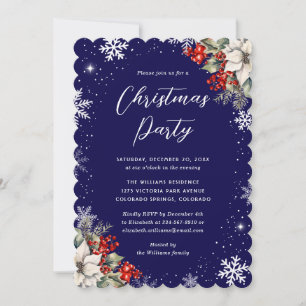 Blue Botanical Snowflake Christmas Party Invitation