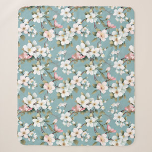 Blue Botanical Spring Dogwood Sherpa Blanket