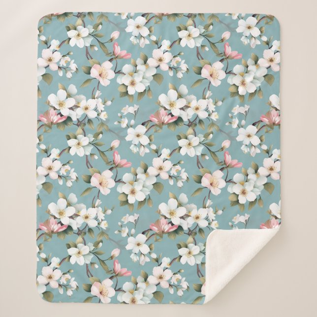 Blue Botanical Spring Dogwood Sherpa Blanket (Front)