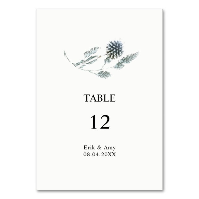 Blue Botanical Thistle Flower Wedding Table Number (Front)