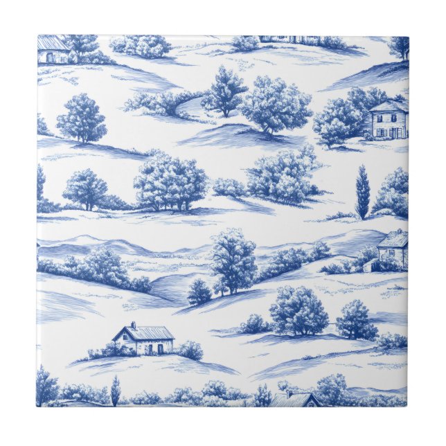 Blue Botanical Toile Pattern Ceramic Tile (Front)